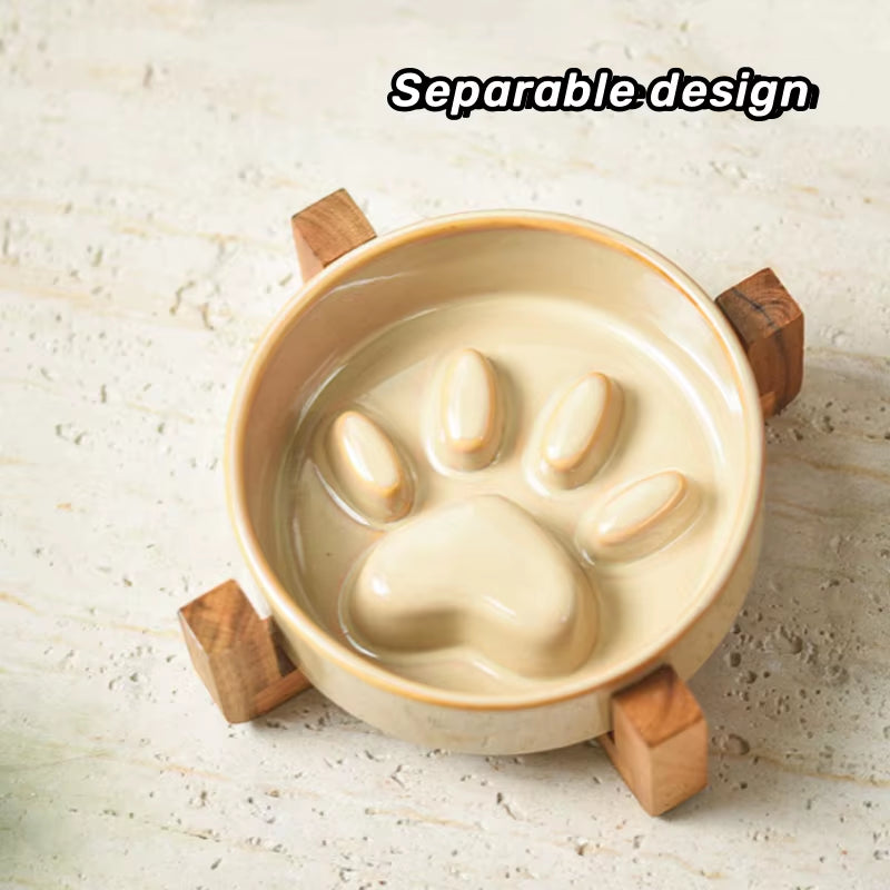 New Ceramic Slow Feeder Dog Bowl Raised Pet Ceramic Bowls with Anti-Slip Wooden Stand Elevated Ceramic Slow Feeder Cat Bowls
