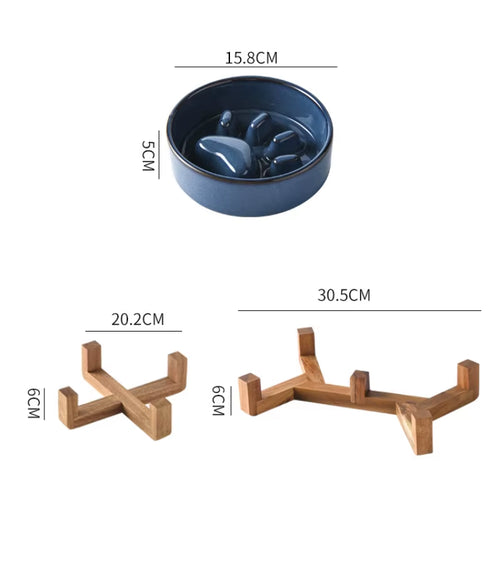 New Ceramic Slow Feeder Dog Bowl Raised Pet Ceramic Bowls with Anti-Slip Wooden Stand Elevated Ceramic Slow Feeder Cat Bowls