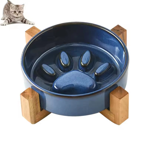New Ceramic Slow Feeder Dog Bowl Raised Pet Ceramic Bowls with Anti-Slip Wooden Stand Elevated Ceramic Slow Feeder Cat Bowls