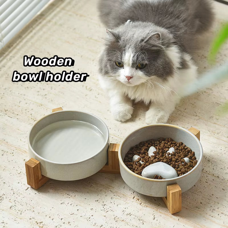 New Ceramic Slow Feeder Dog Bowl Raised Pet Ceramic Bowls with Anti-Slip Wooden Stand Elevated Ceramic Slow Feeder Cat Bowls