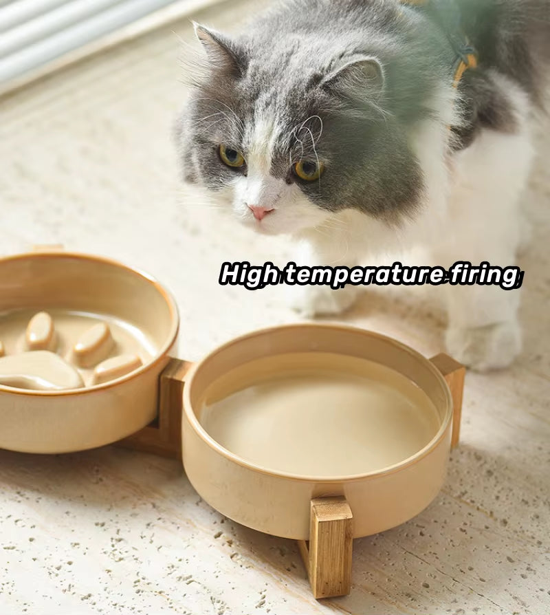 New Ceramic Slow Feeder Dog Bowl Raised Pet Ceramic Bowls with Anti-Slip Wooden Stand Elevated Ceramic Slow Feeder Cat Bowls